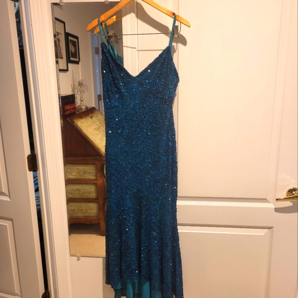 Theia high low beaded midi aquamarine dress. Size 8.